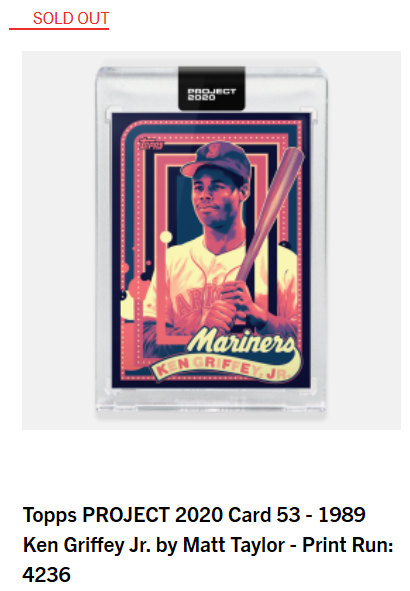 Print runs for Day 27 of  #ToppsProject2020#53 Ken Griffey Jr. by Matt Taylor - 4,236#54 Bob Gibson by Keith Shore - 1,451