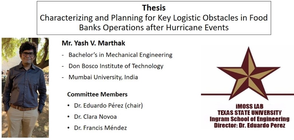ProfessorEPerez's tweet photo. Congratulations Yash V. Marthak for successfully defending your M.S. thesis "Characterizing and Planning for Key Logistic Obstacles in Food Banks Operations after Hurricane Events". @txst @TxStEngineering #iMOSS #TXST #industrialengineering #systems #optimization https://t.co/qICg9XnAwP
