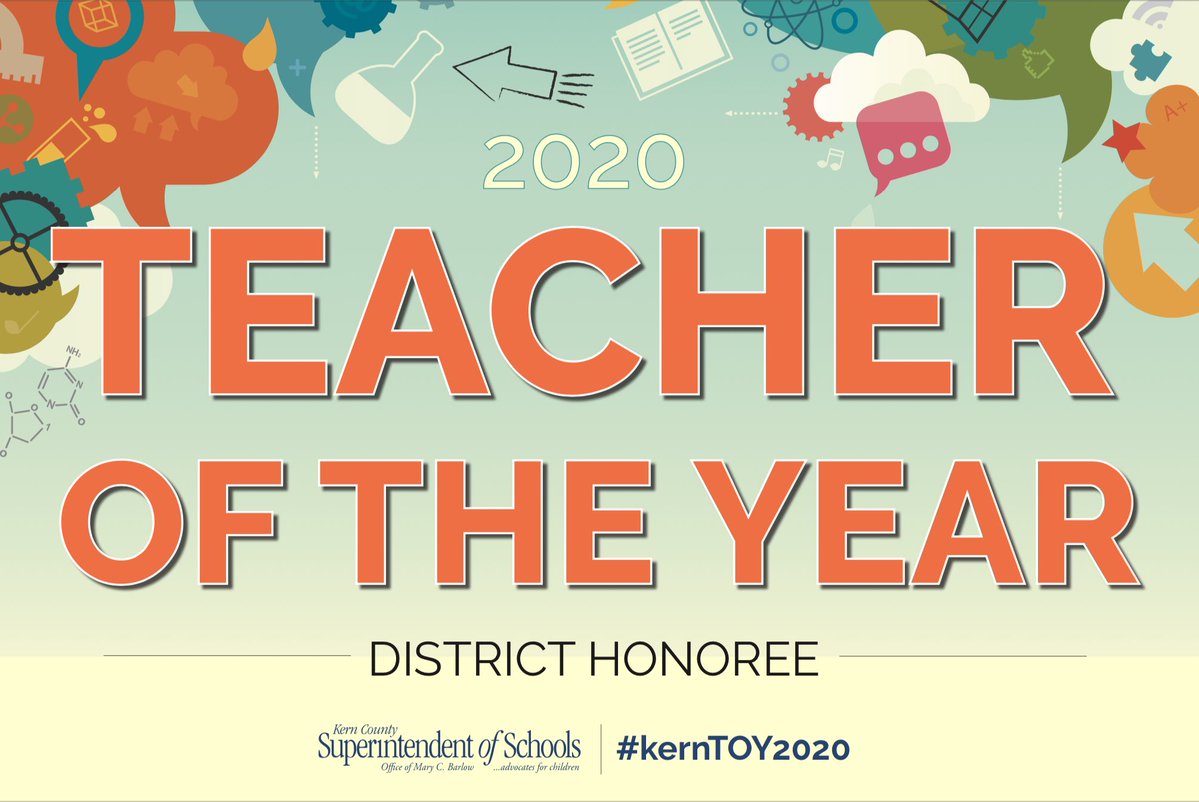 KCSOS's tweet photo. This week we pay tribute to Kern County's 54 Teacher of the Year district honorees. A new video will be posted here every day. Kern's Teachers of the Year will be announced on Friday, May 8 at 2 pm. Stay tuned! Today's video is here: https://t.co/U200lNaY8F
#kernTOY2020 https://t.co/u2IQ6Px834
