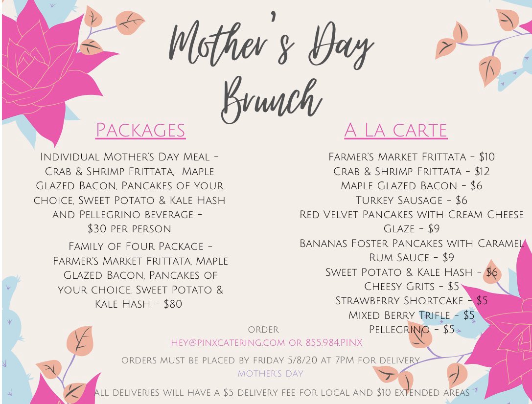 PinxCatering's tweet photo. *SPECIAL Mother’s Day Brunch Menu*

Our Mother’s Day Brunch menu features crab and shrimp frittata, maple glazed bacon, pancakes and MORE. Available as an individual meal or for a family of four. A la carte options are also available. 

Place your order by Friday, 5/8. https://t.co/FyDhILNfC0