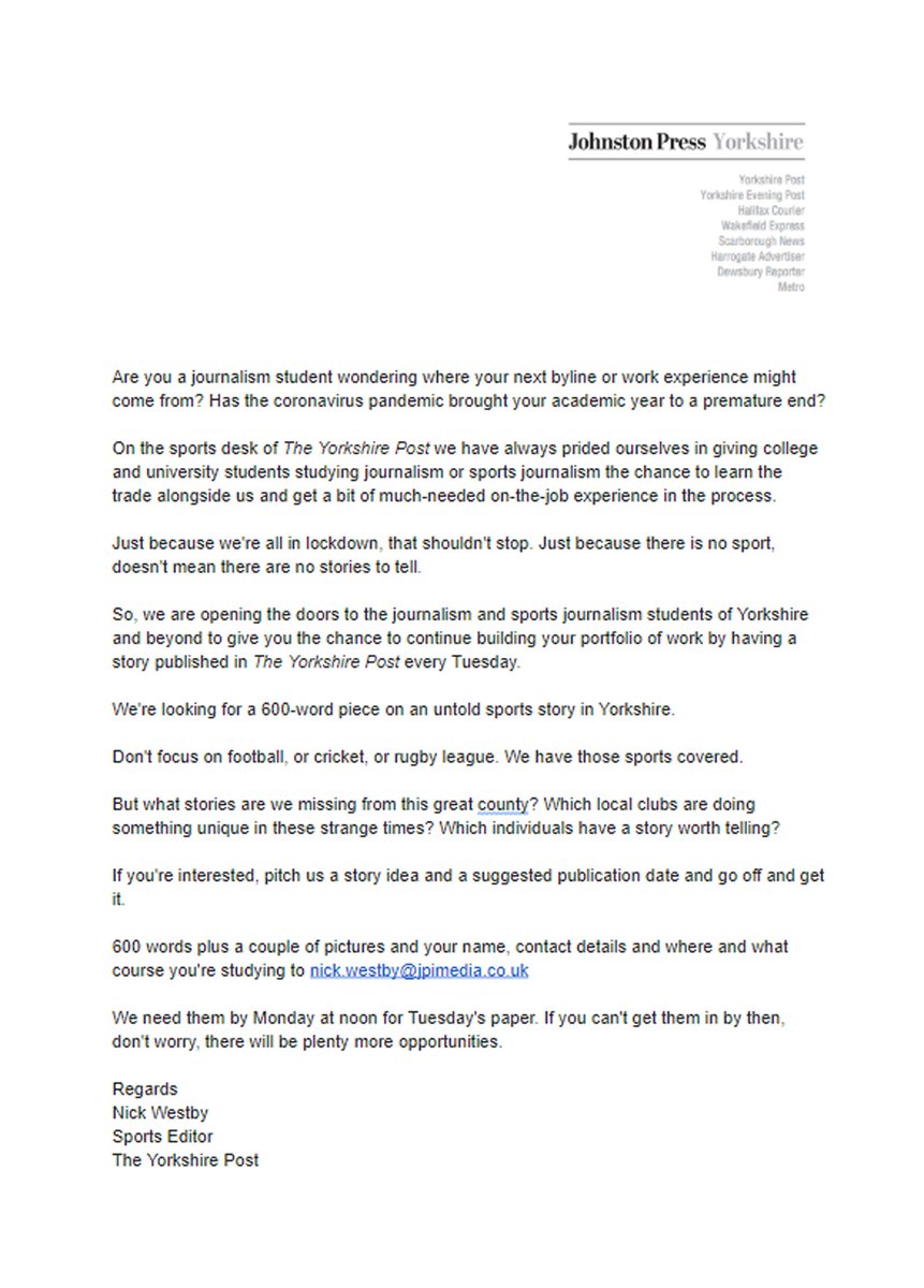 Can imagine these are tough old times for journalism and sports journalism students. No exams, no work experience, little chance to keep building that portfolio. So we're offering you a chance to write for the @YPSport desk Details below ⬇️