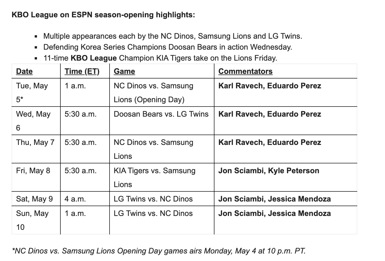Espn kbo schedule deals