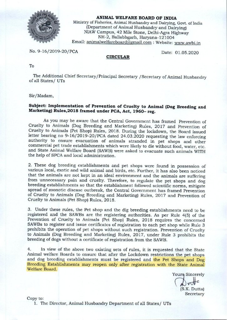 gauri_maulekhi's tweet photo. PLEASE NOTE
#AWBI has issued a circular that even after the lockdown restrictions are lifted, no #PetShop/#DogBreeding facility will be allowed to reopen, if they are not  registered with the State Animal Welfare Boards.
Govt #Uttarakhand issued the same directions last week https://t.co/pZQDfZrKti