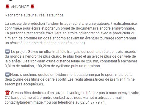 Tandemimage's tweet photo. Tandem image recherche un nouveau réalisatrice/réalisateur  confirmée.e pour écrire un projet de docu sur un sportif de haut niveau. Si intéressé.e, plus d'infos ici 👇 
RT apprécié. https://t.co/Krv4MbD4vD