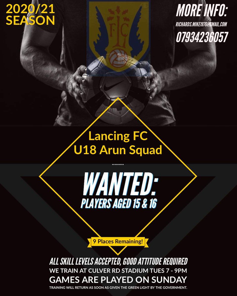 📢 9 places are remaining for our 2020/21 <a href="/LancingU23/">Lancing FC U18s</a> Arun Squad. 

Aged 15/16 &amp; interested in getting a head start in a County League Club, learning the club philosophy and style of play before progressing up into County U18s/23s?

Please contact Mike if you are interested.
