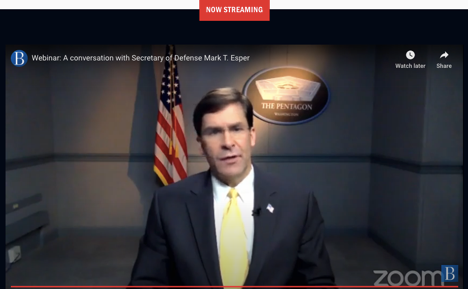 BrookingsFP's tweet photo. .@EsperDoD live via @BrookingsInst: The Defense Department is very cognizant of the potential impacts of #COVID19 on military readiness. Tune in now for a conversation with #SecDefEsper and @MichaelEOHanlon: https://t.co/LgXFqkIQey https://t.co/RjRuG02Ij4