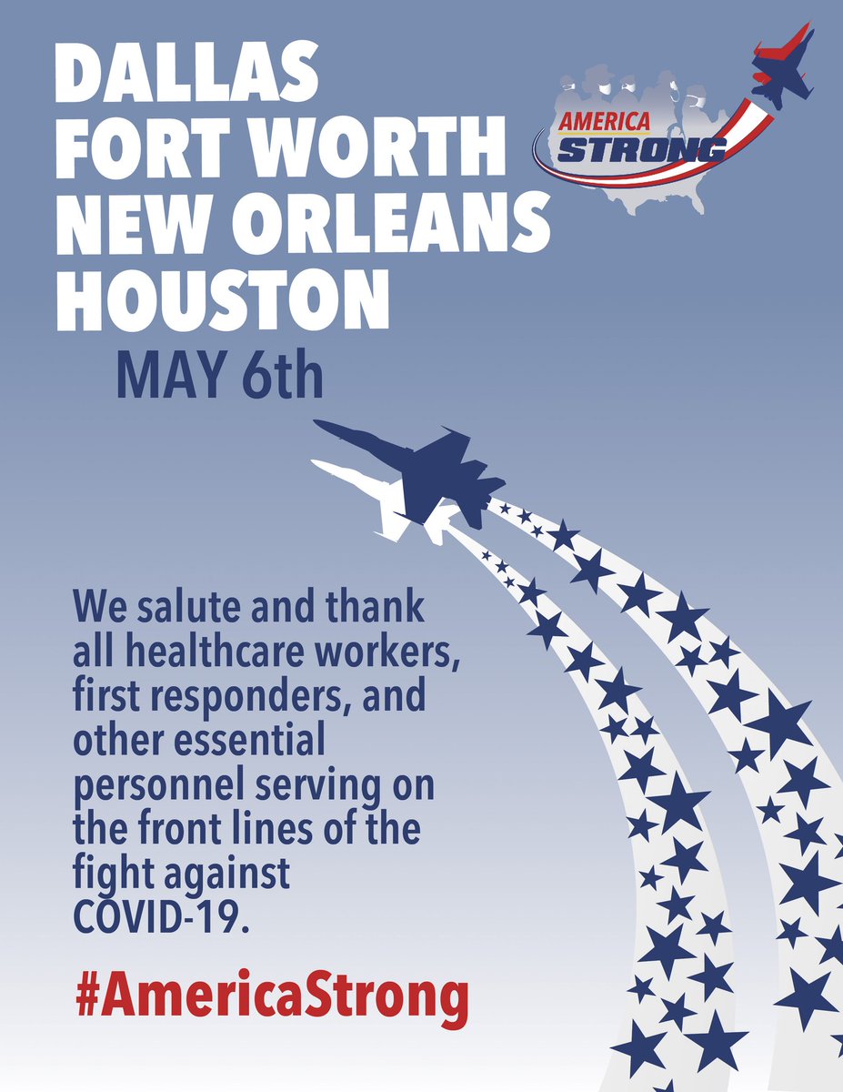 BlueAngels's tweet image. #Dallas, #FortWorth, #Houston, #NewOrleans - your Blue Angels are heading your way this Wednesday! Check back tomorrow for routes and overhead times. Stay home and stay safe!

#AmericaStrong 
#InThisTogether 
#HealthcareHeroes