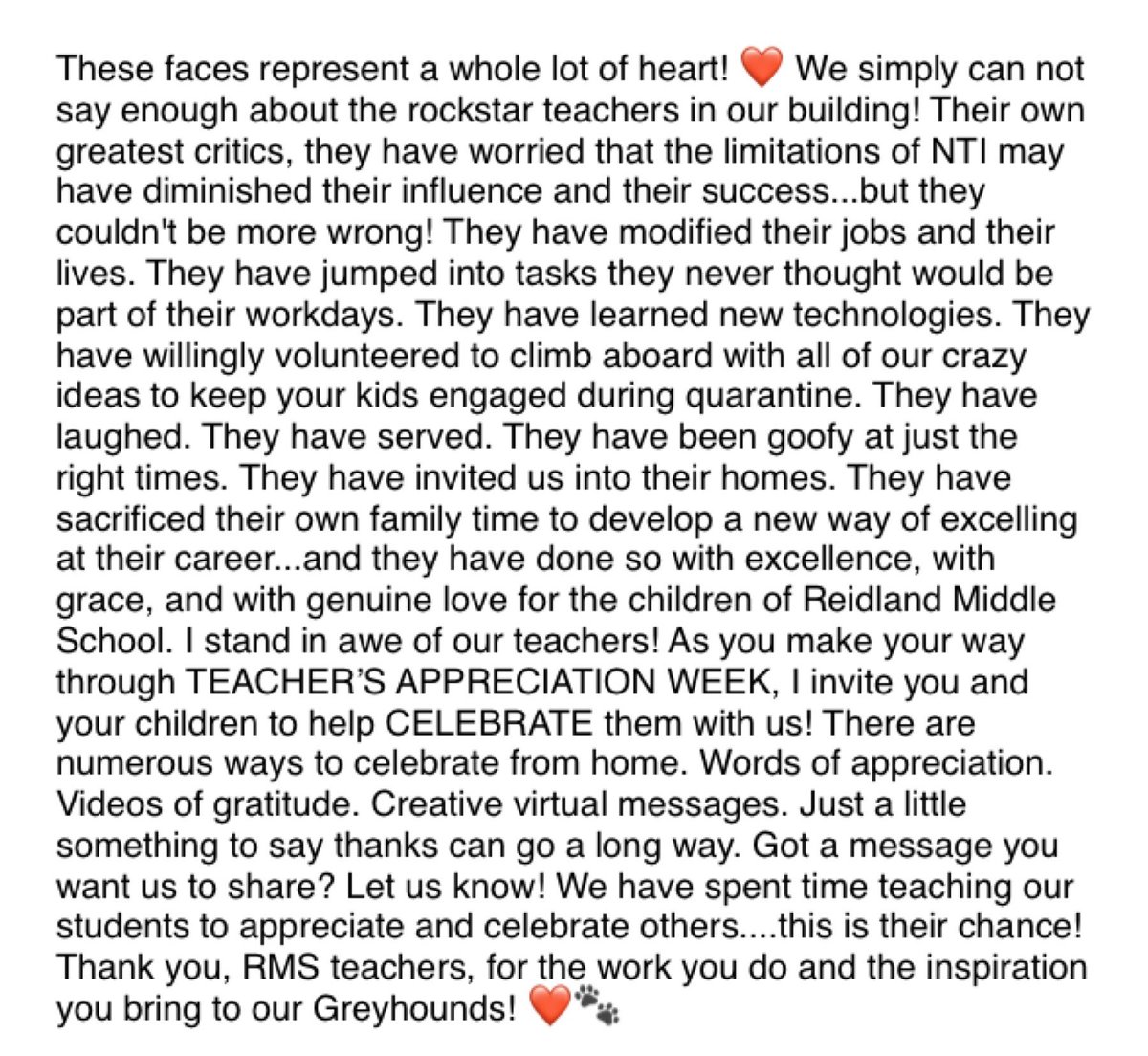 ReidlandMiddle's tweet photo. Happy Teacher’s Appreciation Week to the most inspirational rockstars at RMS! ❤️🐾 https://t.co/ymJYfC9f5u