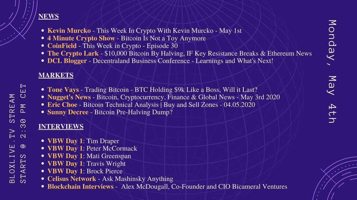 BloxliveTV's tweet photo. https://t.co/8lXfaMJ3y2 #crypto stream for Monday is live 🚀
Along with the usual #NEWS & #MARKETS coverage, we will feature highlights from the 1st day of #VBW2020:
Segments with @TimDraper, @PeterMcCormack, @MatiGreenspan, @teedubya, @brockpierce
#MayThe4th https://t.co/d1TICkXniu