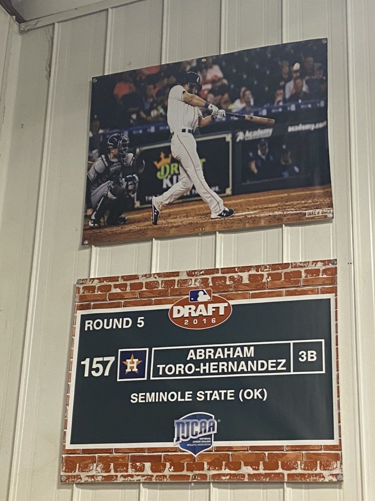 SSCbaseball's tweet photo. The programs 48th big leaguer has been added to our wall! Abraham Toro made his #MLB debut on August 22, 2019 with the @astros! We think @JustinVerlander is happy to have his help! https://t.co/uQc3ll02P0