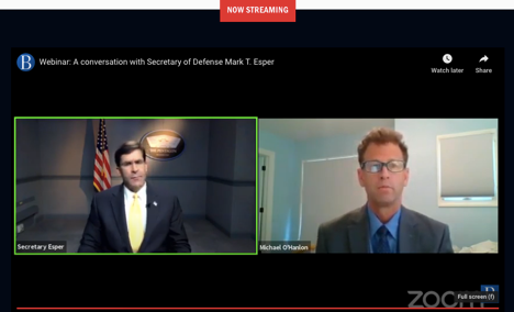 BrookingsFP's tweet photo. The U.S. military is holding strong as it pertains to coronavirus, @EsperDoD tells @MichaelEOHanlon. 

Tune in live: https://t.co/LgXFqkIQey
#SecDefEsper https://t.co/VmA8ugFZob