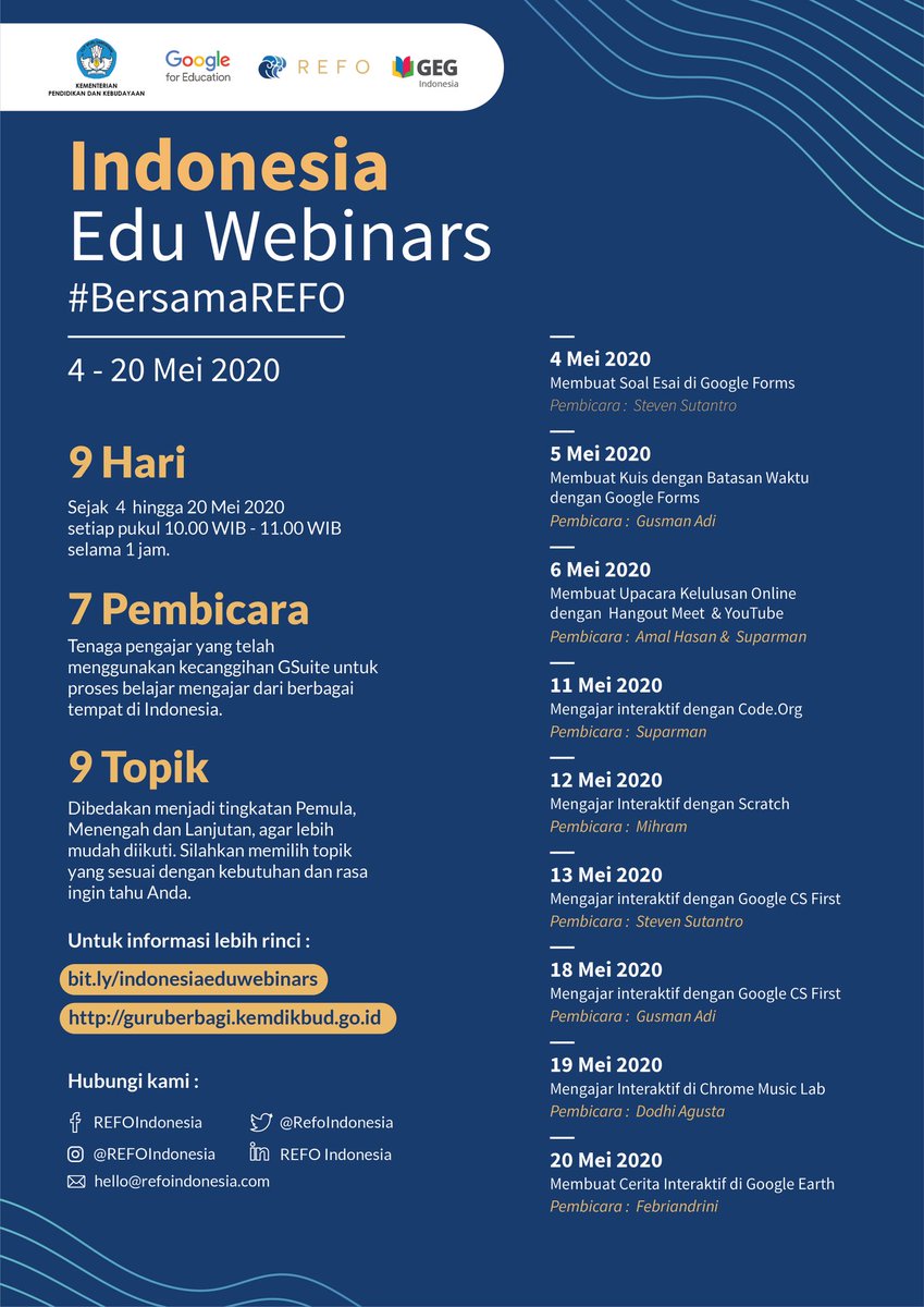 ardiishere's tweet photo. Sebagai Kejutan di bulan Pendidikan Nasional,@RefoIndonesia akan melanjutkan program Indonesia Edu Webinars secara rutin.
Indonesia Edu Webinars bulan Mei 2020 akan berlangsung selama 4 Mei - 20 Mei 2020 pukul 10.00 - 11.00 WIB https://t.co/pYhPepmVMr