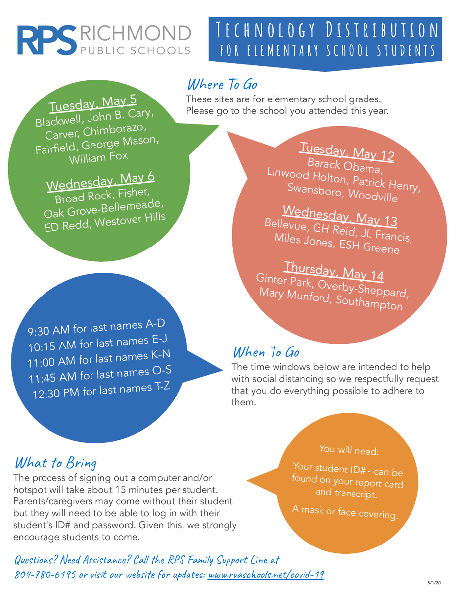 RPS_Schools's tweet photo. Laptop distribution for Elementary school students begins tomorrow! Please go to the school that you attended this school year. See the flyer below for details and feel free to call the RPS
Family Support Line at 804-780-6195 for assistance or questions! #WeAreRPS https://t.co/uWK3mIMUwK