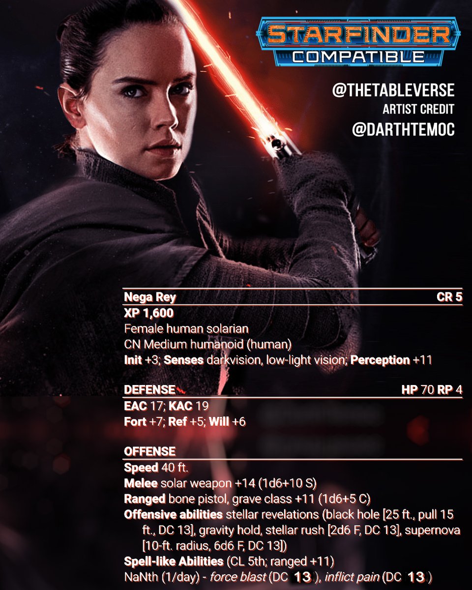 thetableverse's tweet image. For this #MayTheFourthBeWithYou here's an Evil Rey NPC stat block to throw at your #starfinderrpg party!

#MayThe4th #starfinder #ttrpg #NPC