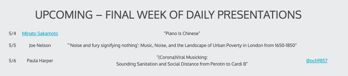 seatedovation's tweet photo. Friends, #MusicColloq is coming to an end -- for now! -- this week. We've got papers today and tomorrow, and we're closing out with @pch9857 talking virality on Wednesday. And that's it.
Join us!!
https://t.co/S7XlcvCMAs https://t.co/6dOpKkImXI