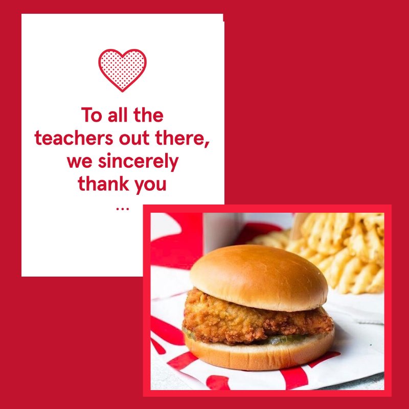 cfasummerwood's tweet photo. In honor of teacher appreciation week, we will be giving away a free Chick-fil-A Chicken Sandwich/ 8- Count Nugget entree to teachers, staff, and administrators who show their School ID on Wednesday, May 6th from 11 am - 7 pm.  ♥️ https://t.co/BAnfgYka6X