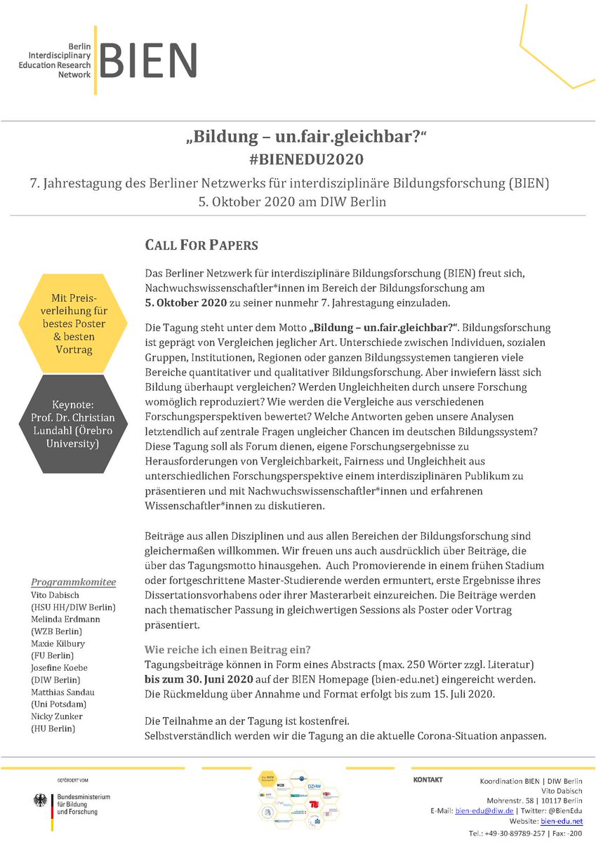 BienEdu's tweet photo. Der #CallforPapers für die 7. BIEN-Jahrestagung für Nachwuchswissenschaftler*innen ist raus. Diesmal am 5. Oktober 2020 zum Thema "Bildung - un.fair.gleichbar?".
Wir freuen uns auf Beiträge bis zum 30.06.20 unter https://t.co/NseDXSKzLG
#BIENEDU2020 #CfP https://t.co/rVhojPRmti