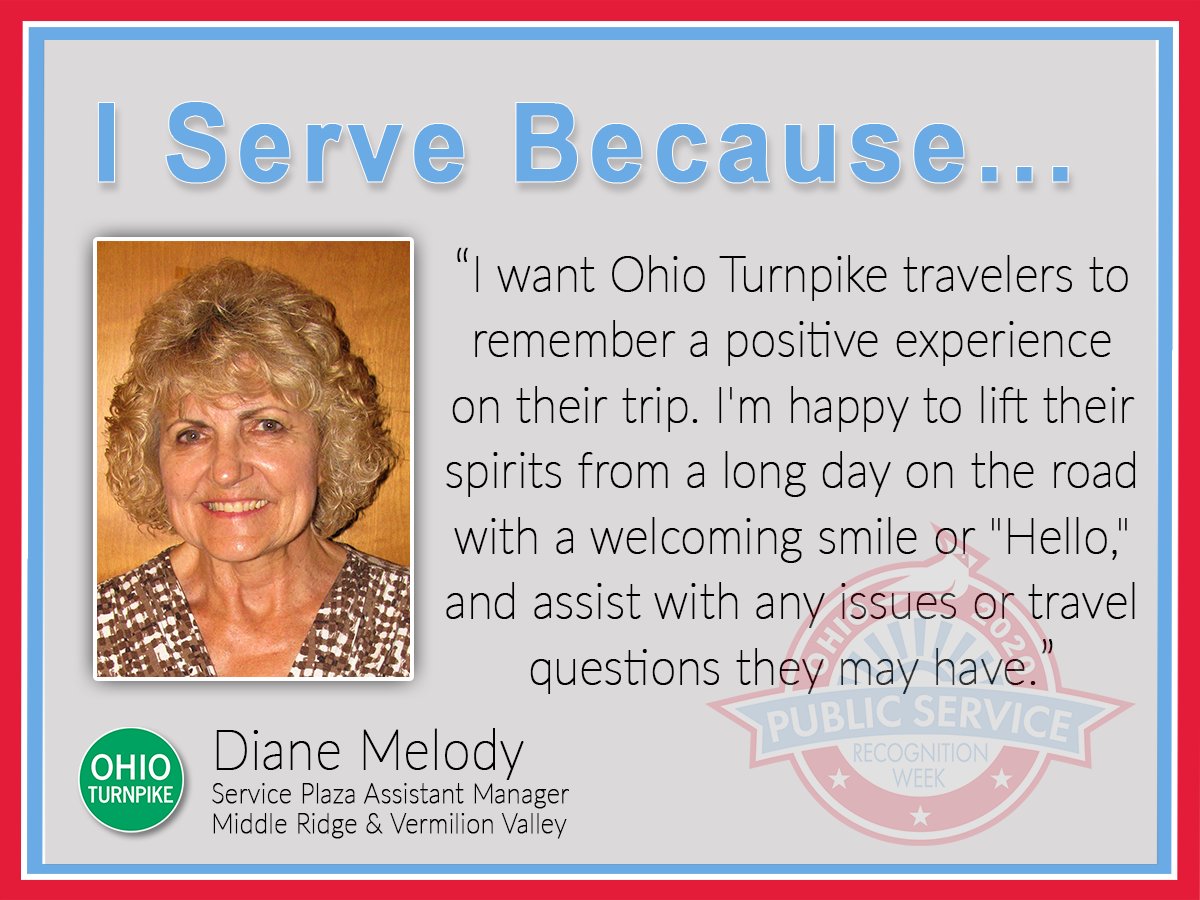OhioTurnpike's tweet photo. Today kicks off #PublicServiceRecognitionWeek! Thank you to all of our dedicated #OHTPK employees who truly make the Ohio Turnpike #ABetterWayToTravel! Each day this week we will highlight a group of our employees with an #IServeBecause post. #PSRW https://t.co/7yfcPp7oIy