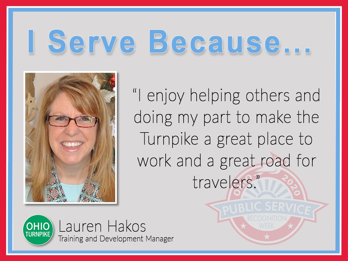 OhioTurnpike's tweet photo. Today kicks off #PublicServiceRecognitionWeek! Thank you to all of our dedicated #OHTPK employees who truly make the Ohio Turnpike #ABetterWayToTravel! Each day this week we will highlight a group of our employees with an #IServeBecause post. #PSRW https://t.co/7yfcPp7oIy