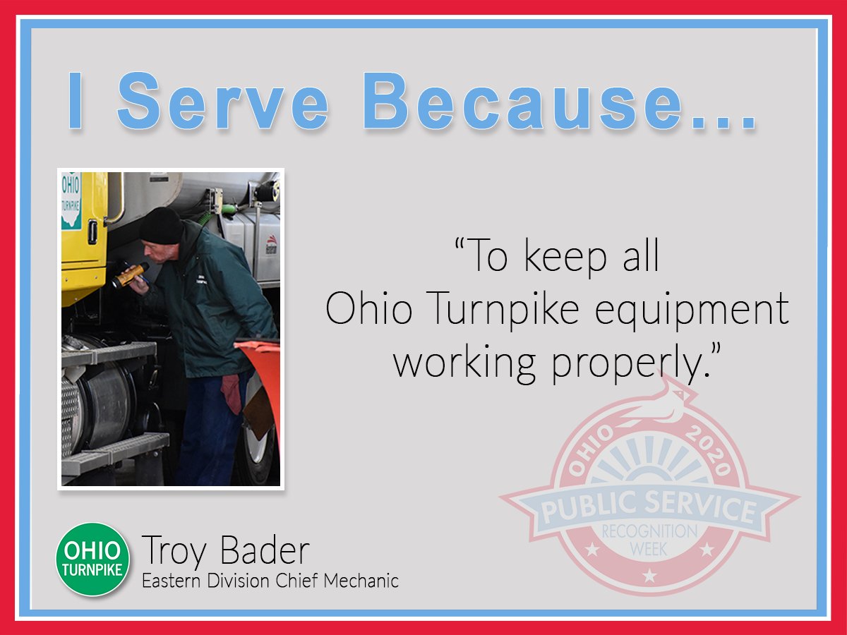 OhioTurnpike's tweet photo. Today kicks off #PublicServiceRecognitionWeek! Thank you to all of our dedicated #OHTPK employees who truly make the Ohio Turnpike #ABetterWayToTravel! Each day this week we will highlight a group of our employees with an #IServeBecause post. #PSRW https://t.co/7yfcPp7oIy