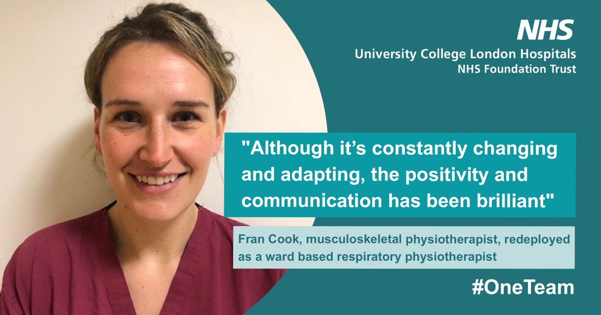 uclh's tweet image. Physiotherapists like Fran Cook are stepping up to the challenge of redeployment during COVID-19 and we can't thank them enough. #oneteam