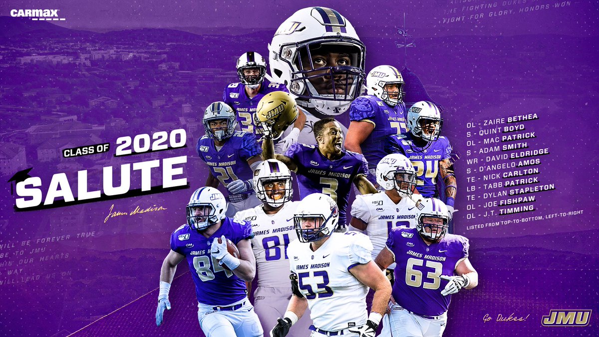 JMUSports's tweet photo. No doubt that these Dukes left their mark, from winning a national championship to keeping @JMUFootball atop the FCS during their time at JMU!

Thank you for your hard work and commitments to your crafts. Congratulations on your graduation!

#GoDukes https://t.co/KBkC1o0ca4