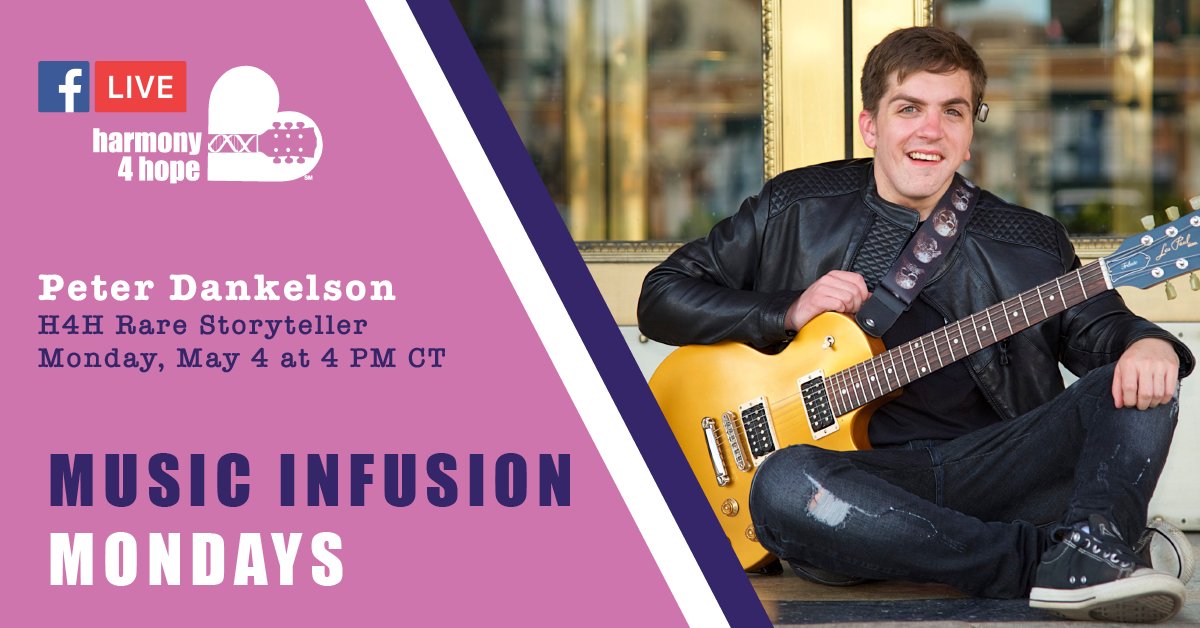 harmonize4hope's tweet photo. TODAY 🚨 H4H Rare Storyteller Peter Dankelson is taking over our Facebook Live at 4 PM to infuse a little music into our Monday! Join us and @Petes_Diary as we turn up the volume on #raredisease! https://t.co/K4PIDS8hCc #PlayThisFWD #MusicMonday https://t.co/qs7WD5Fv7e