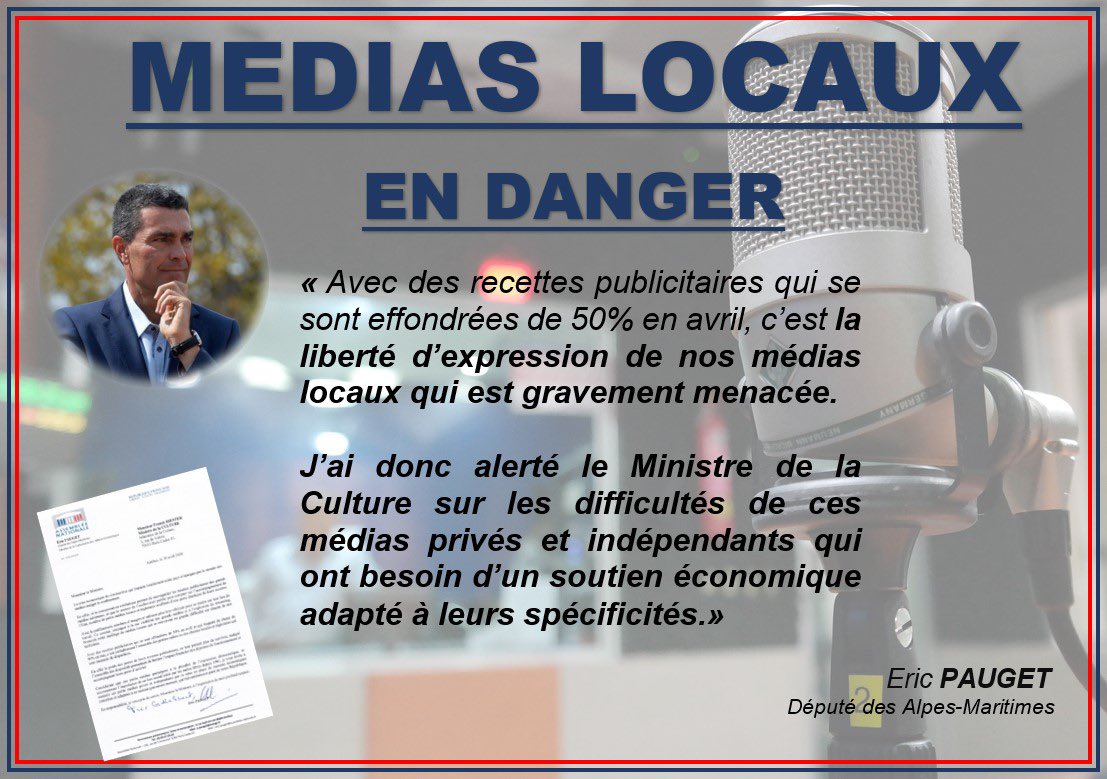 EricPAUGET1's tweet photo. Nbre de petits médias locaux &amp; régionaux souffrent d’une perte drastique de leurs recettes.
J’invite le ministre de la Culture à les soutenir par la mise en place de mesures éco concrètes &amp; adaptées à ce secteur gravement menacé.
Ma lettre à @franckriester
https://t.co/k72QK62y8y https://t.co/UvArpNPX2y