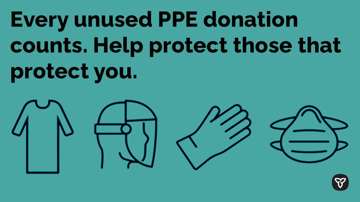 ONThealth's tweet photo. Help us continue to ensure our frontline heroes have the critical supplies and equipment they need to fight #COVID19ON. Donate any unused #PPE to protect those that protect you. Visit: https://t.co/c2ttECQZrv #StrongerTogether #OntarioSpirit https://t.co/kC3khDwXR8