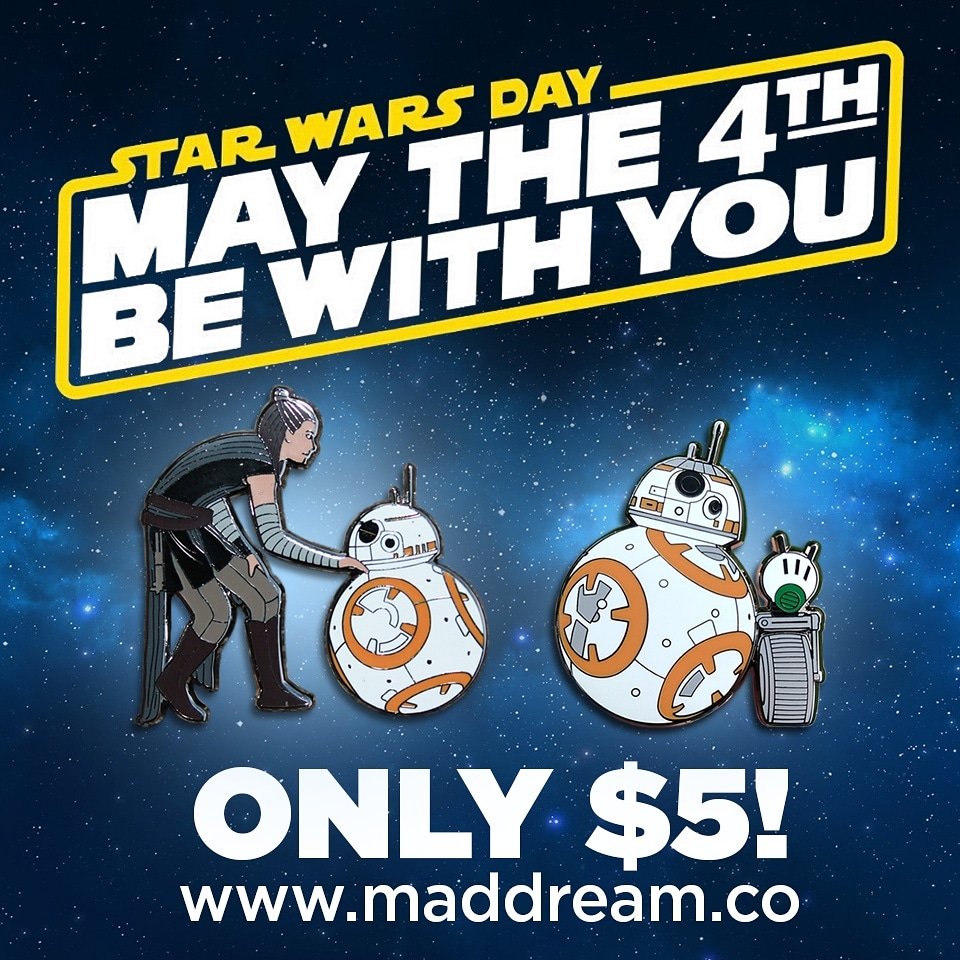maddreamco's tweet photo. Happy Star Wars Day, my friends! I've got two pins inspired by the sci-fi/fantasy juggernaut on sale for just $5 each today only! #pins #starwars #starwarsday #starwarspins #maythefourth https://t.co/tSeRJMMM7p