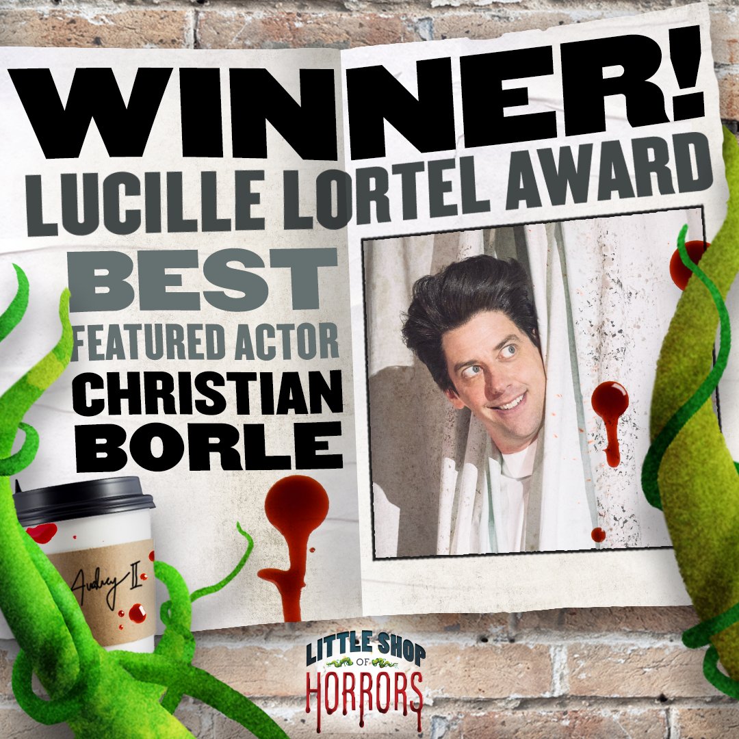 Congratulations to our leader of the plaque, Christian Borle, who won Best Featured Actor in a Musical at last night's #LortelAwards! 🦷🌱 #LittleShopNYC @OffBroadwayNYC