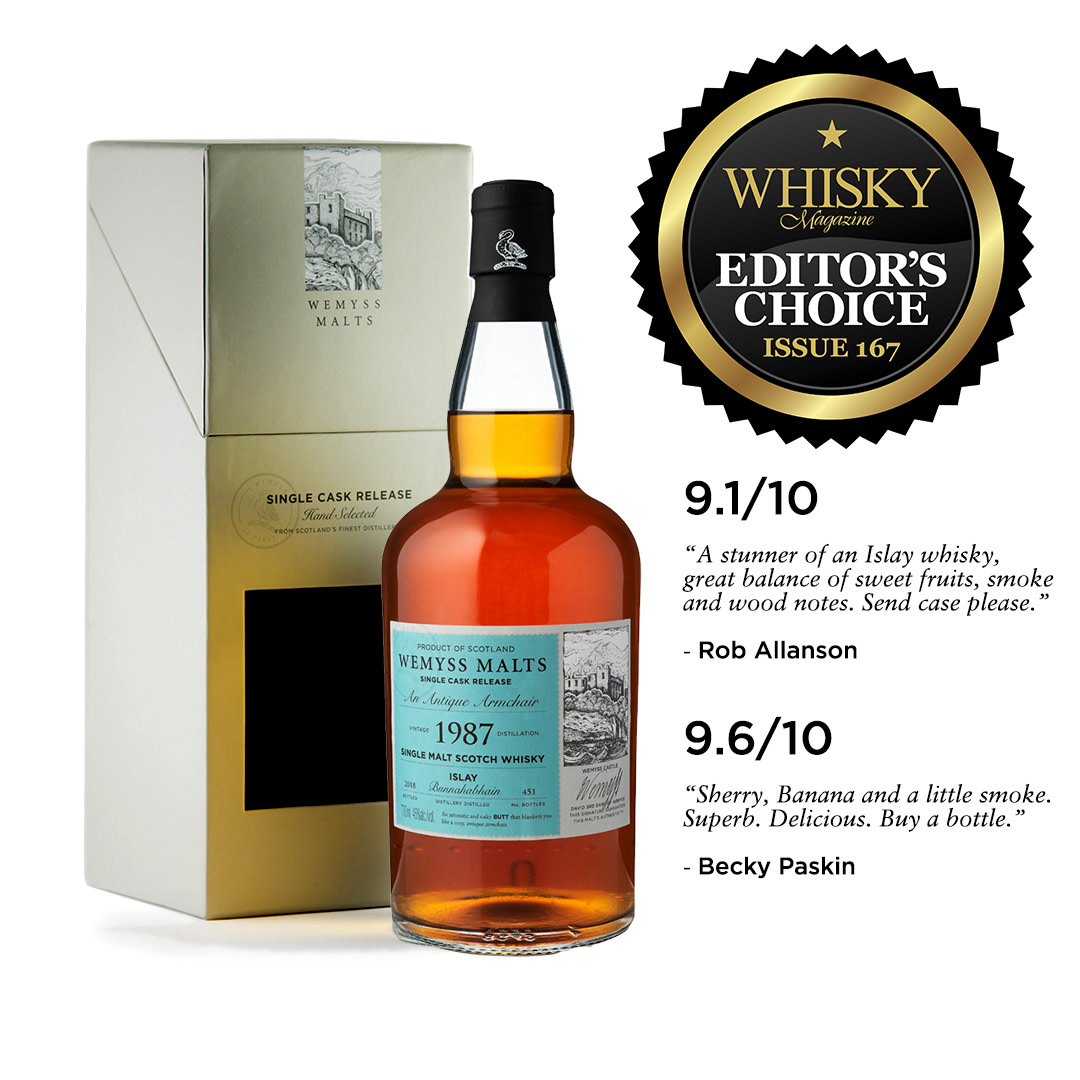 What an incredible review of An Antique Armchair from Rob Allanson and Becky Paskin in this month's issue of <a href="/Whisky_Magazine/">Whisky Magazine</a>!
This single cask release is exclusively available to our Cask Club members and is currently on sale for 10% off. Join our club: wemyssmalts.com/cask-club