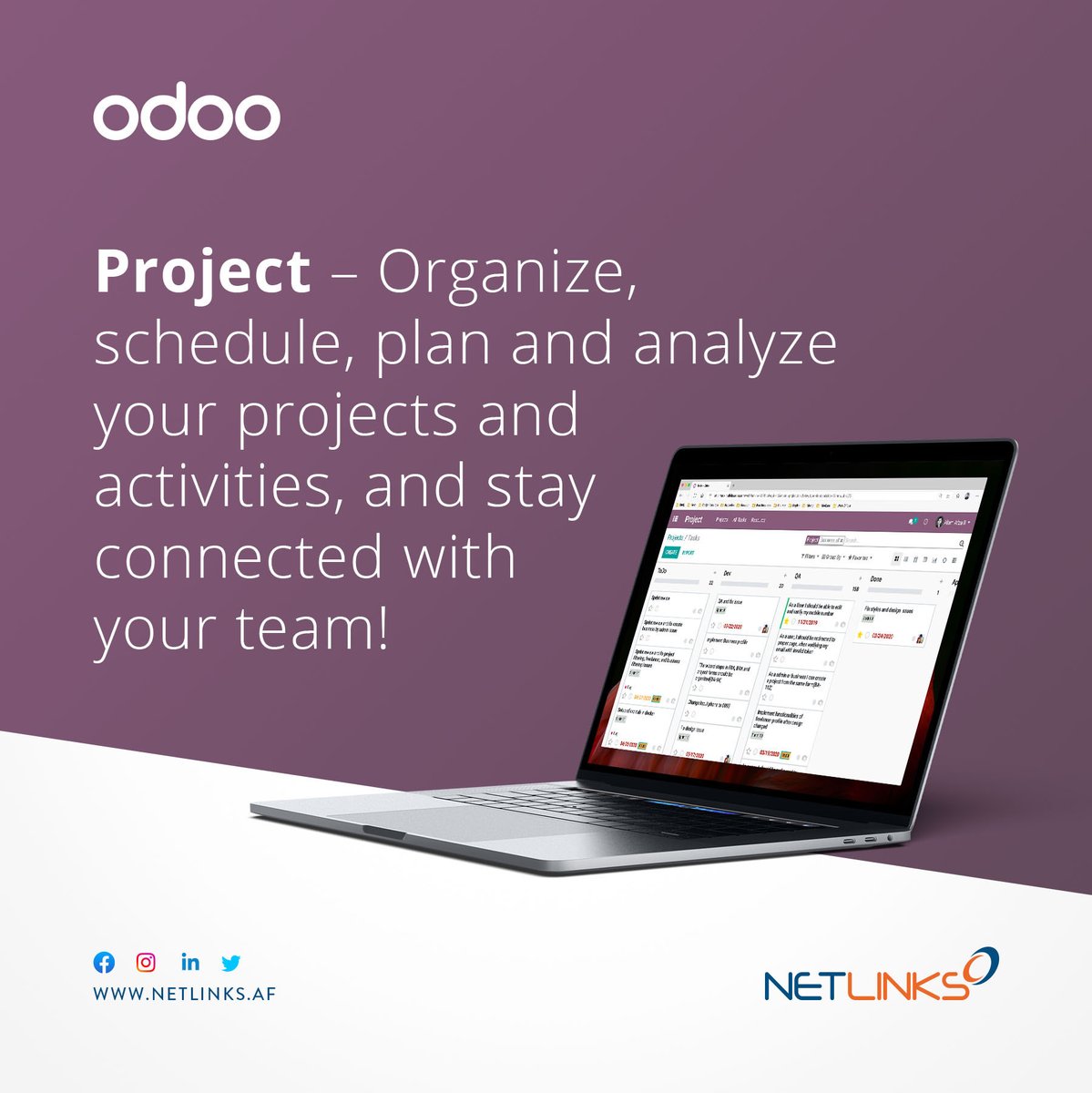 netlinksaf's tweet image. With Odoo’s Project, you can track organize, schedule, plan, and analyze your projects and activities and stay connected with your team… from anywhere.

For a demo, contact us today:
+93728960983
sales@netlinks.af

#business #odoo #netlinks #project #customer #management
