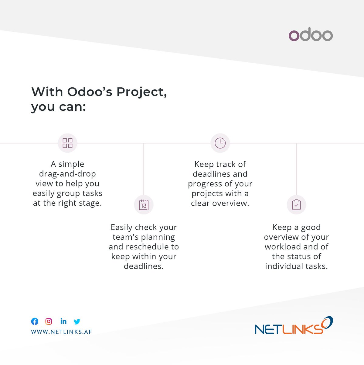 netlinksaf's tweet image. With Odoo’s Project, you can track organize, schedule, plan, and analyze your projects and activities and stay connected with your team… from anywhere.

For a demo, contact us today:
+93728960983
sales@netlinks.af

#business #odoo #netlinks #project #customer #management
