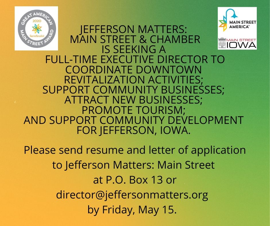 JtownMatters's tweet photo. Here is a great opportunity for someone who would like to work in a progressive community - Jefferson, IA! https://t.co/XL0TjesWNx