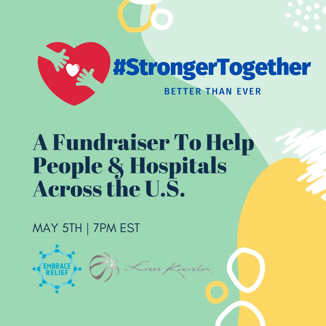 On MAY 5TH, 7PM EST please join <a href="/EmbraceRelief/">Embrace Relief</a> on livestream fundraising event with <a href="/EnesKanter/">Enes Kanter Freedom Foundation</a> and other special guest speakers to raise funds for people affected by COVID-19 and to aid hospitals by providing PPE. Link for the event: tinyurl.com/ER-stronger-to… #StrongerTogether