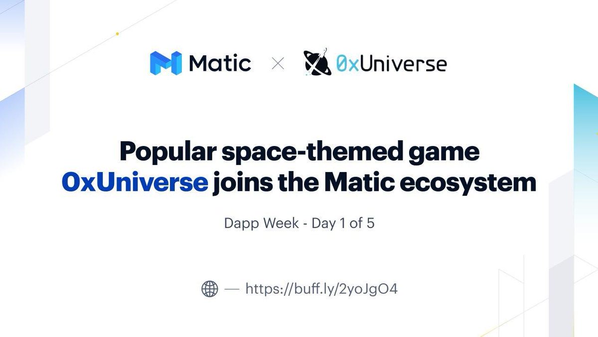 0xPolygon's tweet image. 1/ We're thrilled to kick off #DappWeek by welcoming popular space-themed game @0xUniverse into the Matic ecosystem!

0xUniverse will onboard to our mainnet to provide a superior UX for their growing user base. A new galaxy will also be released.

Details: buff.ly/2yoJgO4