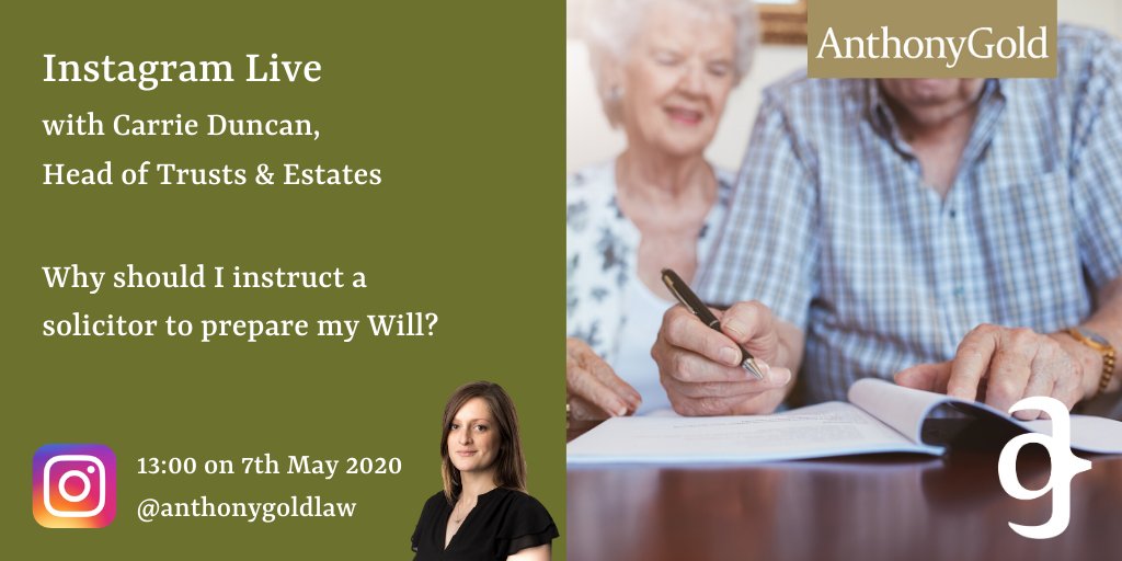 AnthonyGoldLaw's tweet photo. Carrie Duncan will be hosting a live Instagram on 7th May at 1pm, looking at why you should instruct a solicitor to prepare your will. If you have any questions for Carrie please reply to this tweet, we will try and answer as many as possible. https://t.co/cVuHL7E0mb https://t.co/YuC7WP8aWj