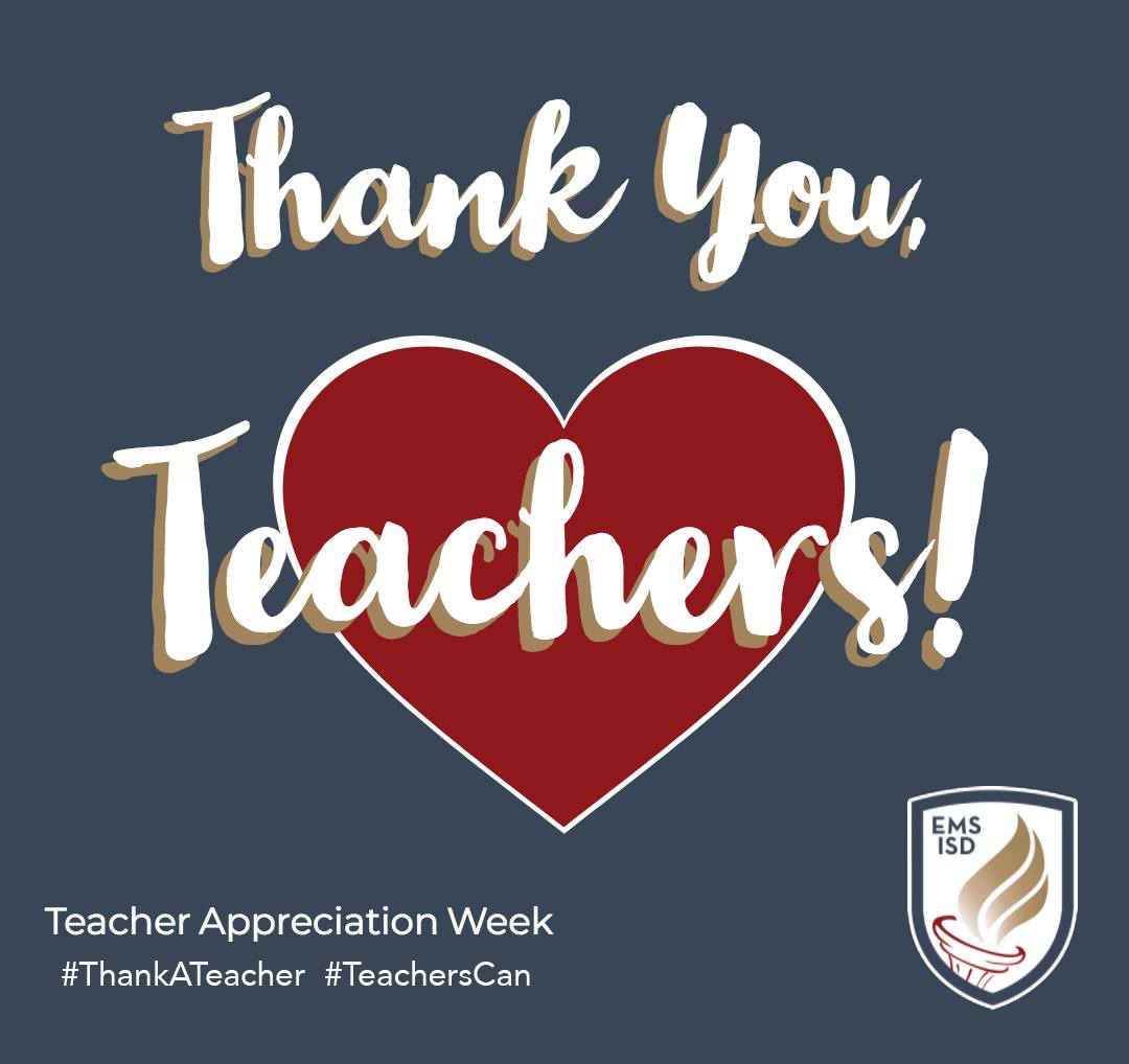 EMSISD's tweet image. It's Teacher Appreciation Week! Thank you to our world-class educators! More than ever, we see the important roles our teachers fill as they transformed their physical classrooms into digital ones in a matter of days. Tag a teacher and say thanks! #ThankATeacher #EMSproud