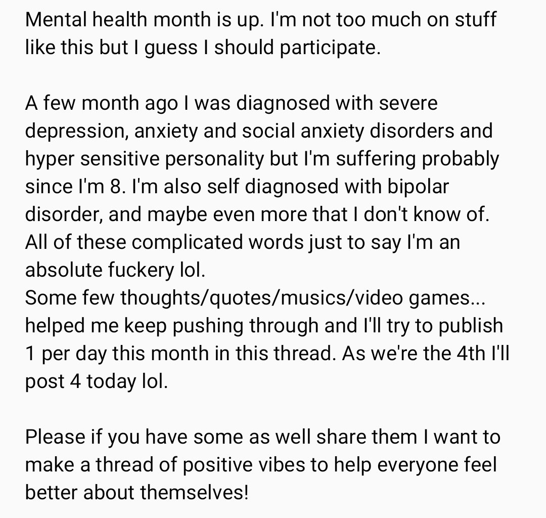 Please read and participate!Feel free to message me anytime if you need help or check out this thread it's pined #MentalHealthAwarenessMonth    #mentalhealth  