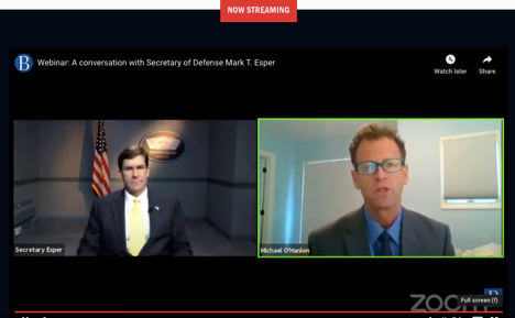 BrookingsFP's tweet photo. "The world remains a dangerous place," says @EsperDoD, while much attention is focused on #COVID19. #SecDefEsper calls for remaining vigilant on potential threats from state and non-state actors. https://t.co/LgXFqkIQey https://t.co/LpcUY6Nzki