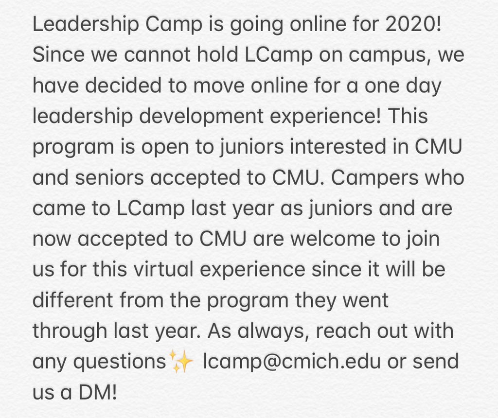 CMU_LCamp's tweet photo. Leadership Camp is going online for 2020! https://t.co/wkD6W5yToZ