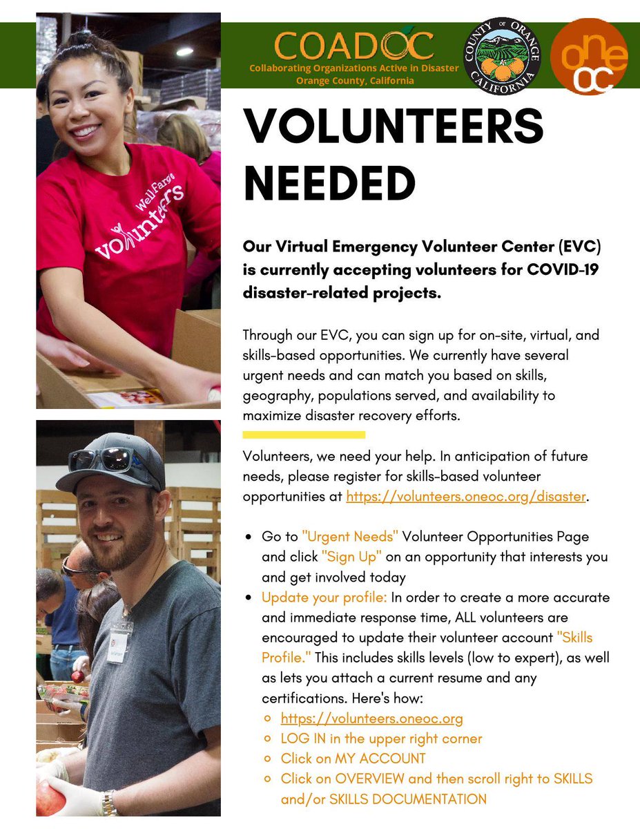 .<a href="/OneOC/">OneOC</a>, through its Emergency Volunteer Center, has registered 786 volunteer connections and supported 21 organizations in need of volunteer help over the last few weeks. Learn more and find #volunteer opportunities: bit.ly/359GiJn #DYK #Covid19
