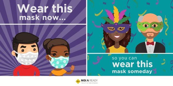 safecamnola's tweet photo. Why wear a mask now? So you can wear a #MardiGras mask again someday. #COVIDNOLA #MaskUpLA @nolaready @nolahealthdept https://t.co/iqW7RmHhZo