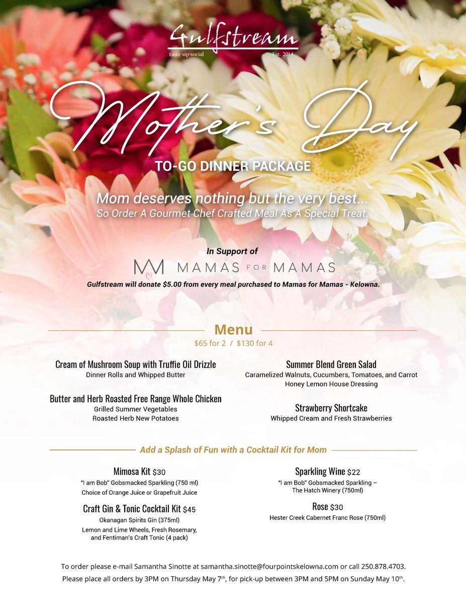 Mom Deserves Nothing But The Best! Treat her to a gourmet chef crafted 4-Course Dinner this Mother's Day from <a href="/GulfstreamYLW/">Gulfstream</a> 

For details and to view our menu: gulfstreamkelowna.com/menu

#Gulfstream #FourPointsKelowna #MothersDay #Dinner #ToGo #YLW #Kelowna #ExploreKelownaLater