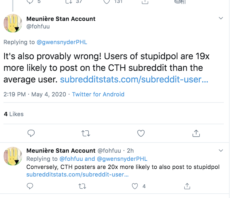 And as  @fohfuu pointed out, that enabling has led to an incredible overlap between the cryptofash-packed r/stupidpol & Chapo Trap House's fan community on Reddit. r/stupidpol users are nearly 20x more likely to post to the CTH fan reddit, and vice versa.