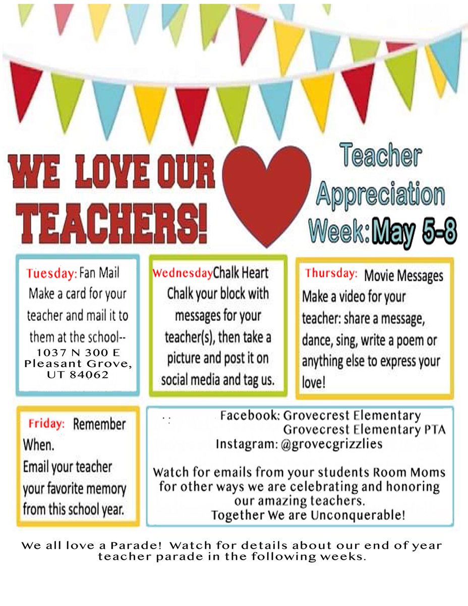grovecgrizzlies's tweet photo. This week is Teacher Appreciation week!  Our teachers at Grovecrest are the best!  Let’s let them know how much we love them by participating in these activities during the week! Post what you can on social media using the hashtag #GCGrizzlyNation! https://t.co/XotrqNzCoM