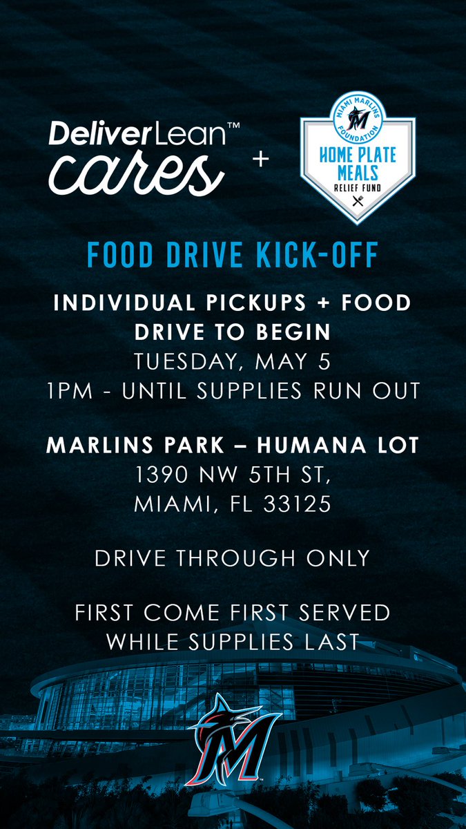 DeliverLean joins us in making a #MarlinsImpact tomorrow to help families impacted during this time. The Food Drive kicks off tomorrow at @MarlinsPark. Details below:
