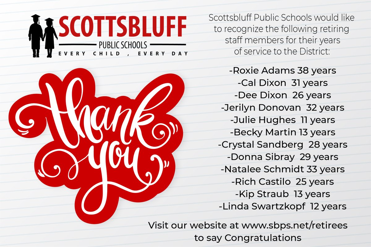 scbpubschools's tweet photo. SBPS would like to recognize the following retiring staff members for their years of service.  You can give them a message of congratulations on our Well Wish Wall at Communications / Retirees https://t.co/xm5dSAZDZJ https://t.co/qwQDEMn4Is