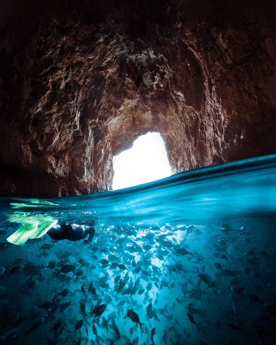 GoPro's tweet photo. Photo of the Day: Beneath New Zealand's Blue Mau Mau Arch with Ben Amies + friends 🐟

Save $100, with free shipping, + a free 32GB SD Card when you shop #GoProHERO8 Black today. 👉https://t.co/IaIF75x0KR https://t.co/MtOJmOgDsj